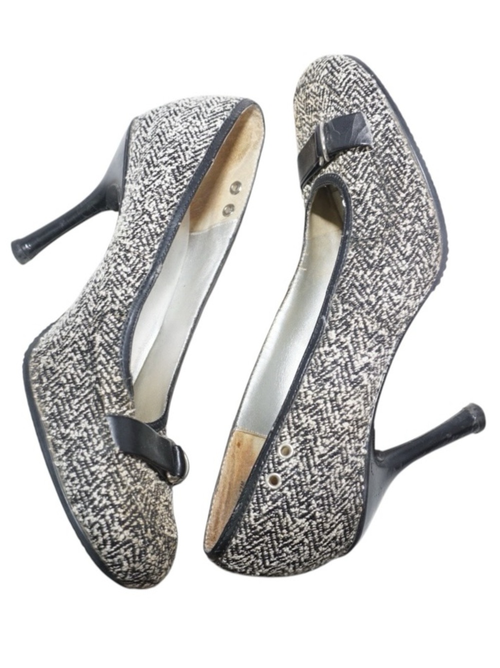 Tommy Hilfiger Tweed Mary Jane Pumps Heels Black White Buckle Strap 7